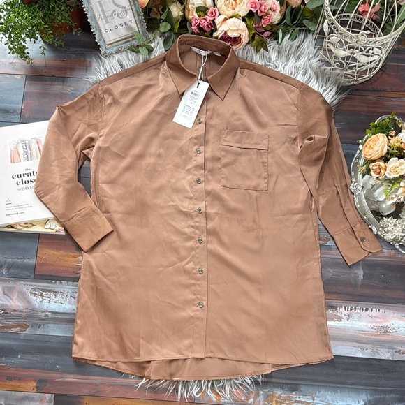 NWT European Style Only Primrose Long Sleeve Satin Shirt Dress in Beaver Fur - Picture 2 of 11